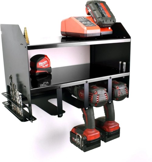 storage rack showing cordless drill, batteries, charger and drill bits