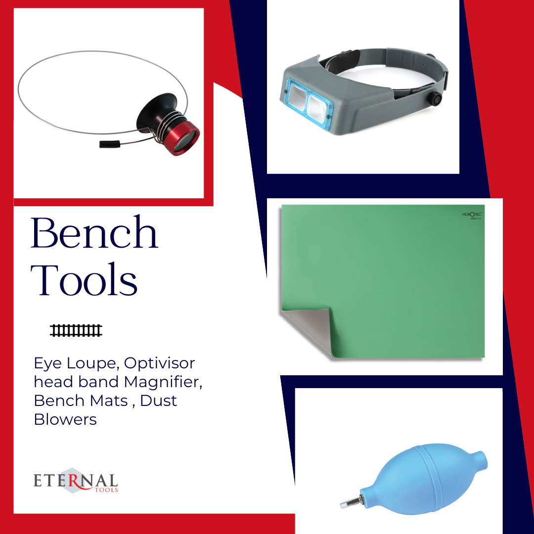 Model railway Bench tools. Dust blower, eye loupe, magnifier, bench mat