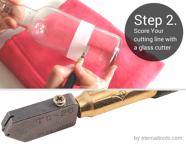 Score your cutting line with a glass cutter. How to Cut a Glass Bottle by Eternal Tools