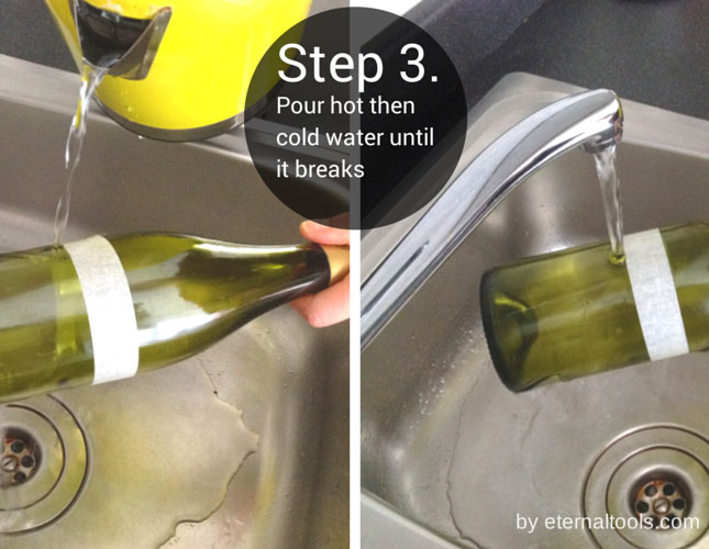 Pour hot, cold, then hot, cold water until the scored glass cracks and your glass bottle breaks