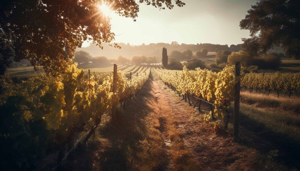 Weinberg bei Sonnenuntergang mit Trampelpfad für eine Fahrradtour in den Weinbergen