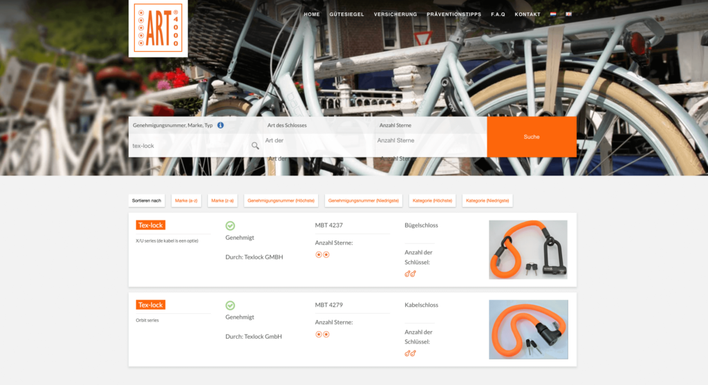 ART-Website mit Auflistung des tex–lock eyelet und orbit als ART-zertifizierte Fahrradschlösser